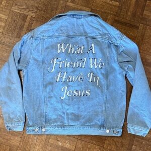 Blue Denim Jacket with spiritual Text